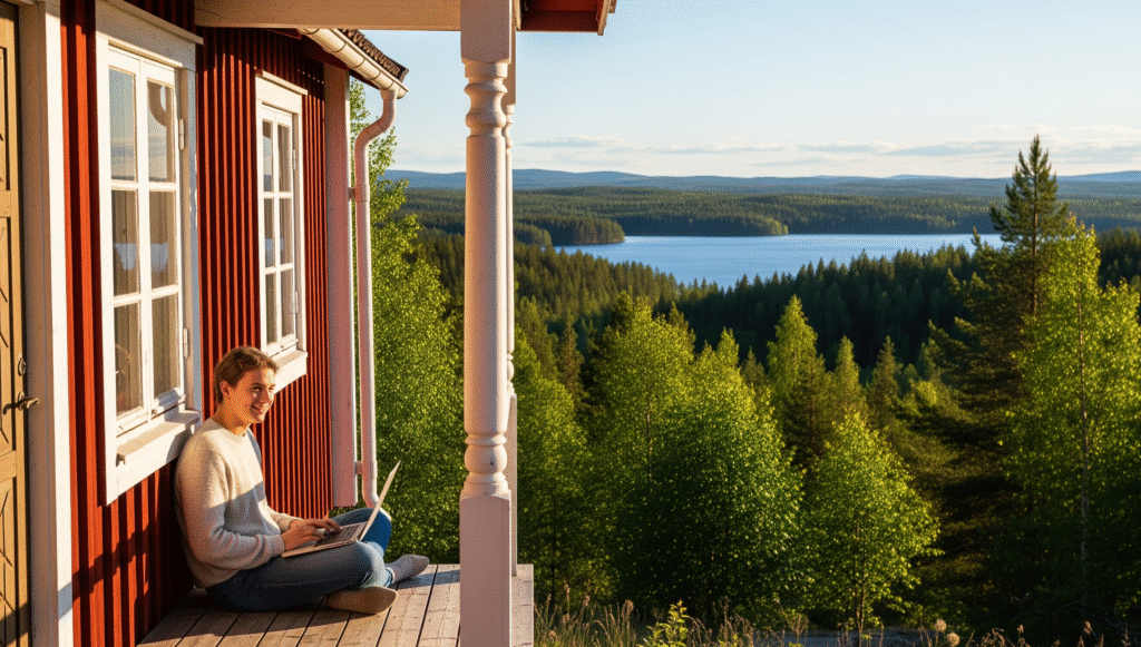 Ung man sitter på en farstukvist och arbetar på en laptop. i Bakgrunden utsikt över ett skogslandskap med en sjö